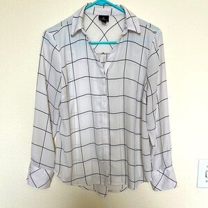 White and Black Grid Pattern Sheer Women's Button Down Blouse Top